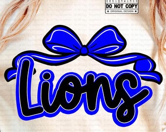Lions Mascot PNG, Cheer Bow PNG, School Spirit Team Pride Shirt Design, Girly Spirit Wear Sublimation PNG, Digital Download for Game Day