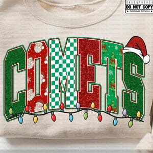Comets Christmas PNG, Red Green Glitter Checkered Letters, Retro Santa Mascot Christmas Design, Team Spirit Game Day Sublimation PNG
