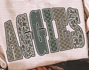 Aggies PNG, Camo Mascot Design, Distressed Varsity Team Spirit Sublimation, Retro Game Day Sports PNG, School Spirit Wear Shirt Design
