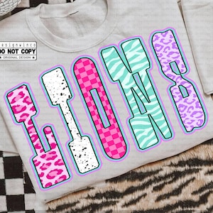 Lions Mascot PNG, School Spirit Wear Sublimation, Neon Checkerboard Leopard Zebra PNG, Team Pride Game Day Shirt Design, Digital Download