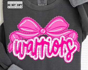 Warriors Mascot PNG, Floral Toile Lace Bow PNG, Preppy Coquette School Spirit Game Day Shirt Design, Team Pride PNG Digital Download
