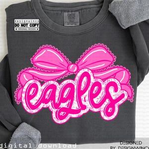 Eagles Mascot PNG, Floral Toile Lace Bow PNG, Preppy Coquette School Spirit Game Day Shirt Design, Team Pride PNG Digital Download