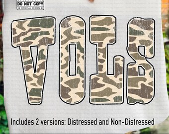 Vols PNG, Retro Camo Distressed Varsity Letters, School Spirit Game Day Shirt Design, Varsity Mascot Sublimation PNG, Team Pride PNG