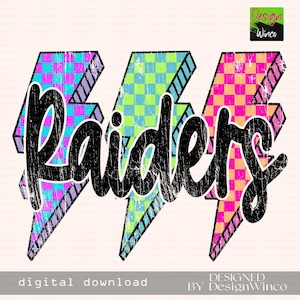 Raiders Png, Checkered Lightning Bolt Png, Retro Raiders Sublimation, Game Day Png, Raiders Mascot Shirt Png, Neon Raiders Png, DTF, DTG