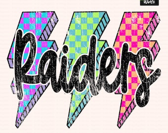 May include: Three colorful lightning bolt designs with the word "Raiders" in a distressed black font. Each bolt features a checkered pattern in different colors: purple and blue, green and blue, and pink and orange. The image includes the text "digital download".