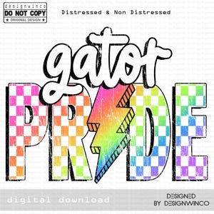 Gator Pride PNG, Checkered Gators PNG, Retro Sublimation Lightning Bolt Design, Game Day PNG, Gators Shirt, Neon Mascot Png
