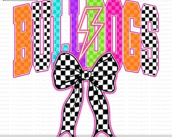 Neon Bulldogs PNG, Retro Checkered Mascot Bow Design, Preppy Lightning Bolt Game Day Png, Cute School Spirit Shirt PNG for Girls and Moms