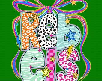 Rebels Mascot Coquette Bow PNG, Funky Checkered Floral Letters PNG, Preppy School Spirit PNG, Game Day Png, Cute Fun Trending Png