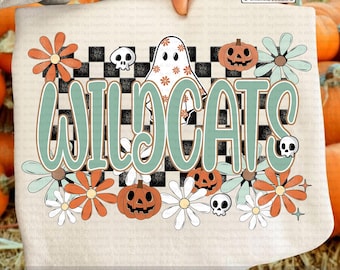 Wildcats Mascot PNG, Halloween Boo Ghost Pumpkin Skull Retro Flowers, Checkerboard School Spirit Shirt Sublimation, Game Day PNG