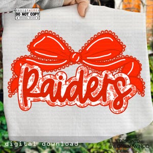 Raiders Mascot PNG, Red Coquette Lace Bow Floral School Spirit Design, Cute Raiders Team Pride, Game Day Shirt Sublimation PNG