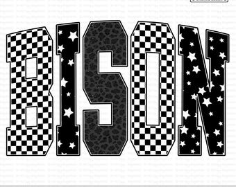 Bison PNG, Retro Checkerboard Leopard Star Letters, School Spirit Game Day Shirt Design, Varsity Mascot Sublimation PNG, Team Pride PNG