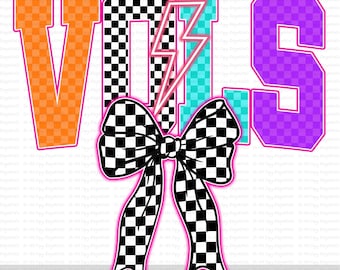 Vols PNG, Checkered Letters and Bow PNG, Neon Lightning Bolt Mascot, School Spirit Game Day Shirt Design for Team Pride, Digital Download