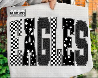 Eagles PNG, Retro Checkerboard Leopard Star Letters, School Spirit Game Day Shirt Design, Varsity Mascot Sublimation PNG, Team Pride PNG