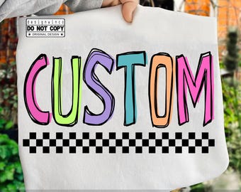 Custom Name PNG, Checkered Back to School PNG, Preppy Personalized Shirt Design, Cute Digital Download for Girls, Rainbow Letter PNG