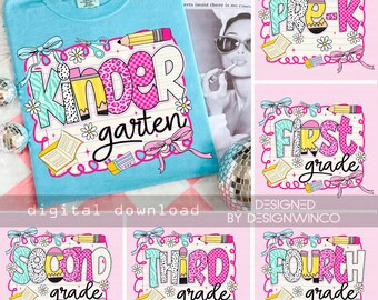 Pacchetto Ritorno a Scuola PNG, Design per Maglietta Primo Giorno di Scuola per Insegnanti Preppy, Sublimazione Girly Coquette, Fiocco Rosa per Bambini in Età Prescolare 1a/2a/3a/4a Elementare