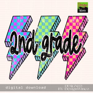 Second Grade PNG, 2nd Grade Back to School Shirt, Lightning Bolt Neon Design, Retro Checkered Sublimation, Digital Download File