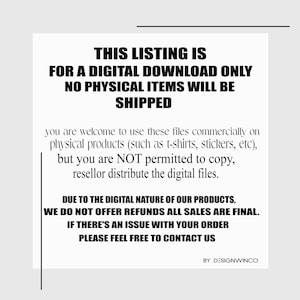 May include: White background with black text stating this listing is for a digital download only, no physical items will be shipped. It details commercial use, restrictions, and refund policy. Contact information is provided.