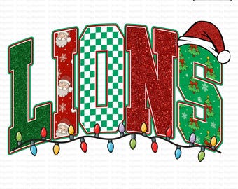 May include: A festive digital design featuring the word "LIONS" in bold, colorful letters. The letters are decorated with Christmas themes, including Santa Claus, snowflakes, Christmas trees, and a Santa hat. A string of colorful Christmas lights runs across the bottom.