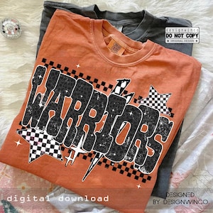 May include: An orange t-shirt with the word "WARRIORS" in a black, leopard print font. The design includes checkered stars and lightning bolts. The shirt is part of a digital download collection.
