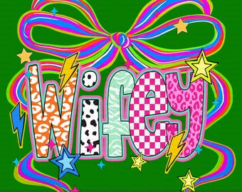 Preppy Wifey PNG, Checkered Leopard Floral Letters PNG, Neon Bow Shirt Design, Cute Bride Gift Sublimation, Girly Wife PNG for Valentine