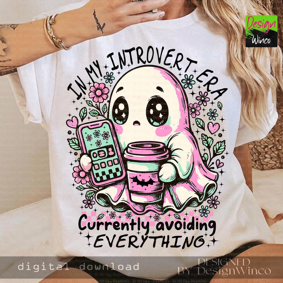 Introvert Ghost PNG, Cute Pastel Ghost With Coffee PNG, Currently ...
