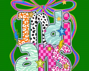 Indians Mascot Coquette Bow PNG, Retro Leopard Checkered Floral Shirt Design, Preppy Neon Game Day School Spirit Star Sublimation PNG