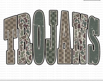 Trojans PNG, Camo Mascot Design, Distressed Varsity Team Spirit Sublimation, Retro Game Day Sports PNG, School Spirit Wear Shirt Design