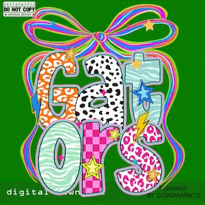 Gators Mascot Coquette Bow PNG, Retro Leopard Checkered Floral Shirt Design, Preppy Neon Game Day School Spirit Star Sublimation PNG