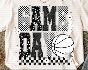 Retro Game Day Basketball PNG, Checkerboard Basketball Png, Basketball Shirt Design, Sports Mom PNG, Vintage Basketball Season Sublimation