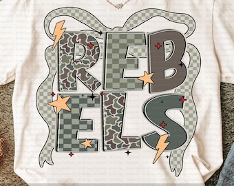 Rebels PNG, Retro Girly School Spirit Design, Coquette Bow Camo Checkered Mascot Sublimation, Game Day Team Pride Shirt PNG for Women