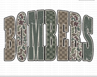 Bombers PNG, Camo Mascot Design, Distressed Varsity Team Spirit Sublimation, Retro Game Day Sports PNG, School Spirit Wear Shirt Design