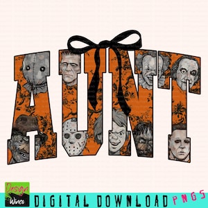 Tía Halloween PNG, Personajes de películas de terror con letras de lazo PNG, Regalo divertido y atrevido para tía, Diseño de camiseta retro de Halloween de otoño, Clipart de temporada espeluznante