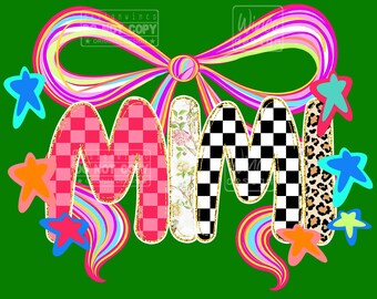 Preppy Mimi PNG, lettere leopardate a quadri floreali PNG, design carino per maglietta con fiocco neon, vita da nonna femminile PNG a sublimazione, file regalo divertente Mimi