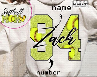 Mamma di softball personalizzata in formato PNG, design personalizzato per maglietta con nome e numero di maglia, softball glitterato in formato PNG, maglietta per il giorno della partita, regalo per mamma sportiva autunnale da scaricare