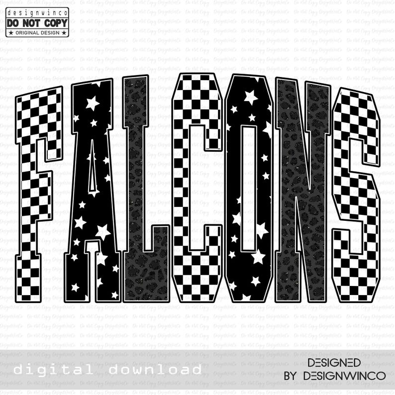 Falcons Letter Falcons PNG, Retro Checkerboard Leopard Star Letters, School Spirit ...