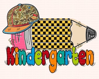 Cool Kindergarten PNG for Boys, Camo Hat Pencil with Checkerboard Pattern PNG, First Day of School Shirt Design, Back to School Design