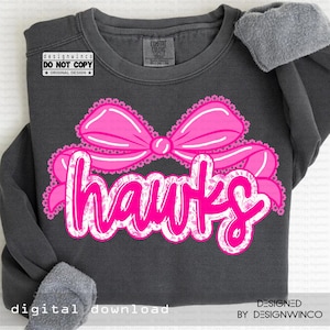Hawks Mascot PNG, Floral Toile Lace Bow PNG, Preppy Coquette School Spirit Game Day Shirt Design, Team Pride PNG Digital Download