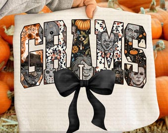 Grams PNG, Horror Movie Characters Floral Pumpkin Bow Design, Spooky Grandma Shirt, Vintage Halloween Sublimation PNG, Fall Grandma Gift