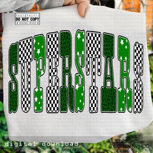 Superstars PNG, Retro Checkered Leopard Star Mascot Letters, Green School Spirit Game Day Shirt Design, Cheer PNG Team Pride Digital Png