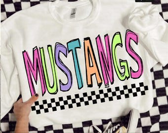 Neon Checkered Mustangs PNG, School Mascot Spirit Shirt Design, Retro Colorful Team Pride PNG, Custom Pastel Sublimation, Back To School PNG