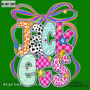 May include: A colorful graphic design on a green background spells out "JACKETS" in various patterns and colors, including leopard print, zebra stripes, and checkered patterns. The design includes stars, lightning bolts, and a bow. The text "designwinco" is also visible.