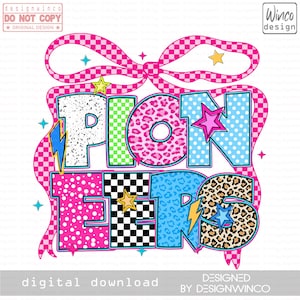 Pioneers Mascot PNG Retro Y2K Leopard Lightning Star Cheer Shirt Design Coquette Bow School Spirit Sublimation Digital Download Game Day