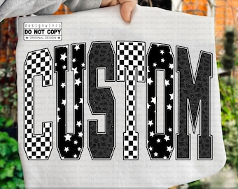Custom Team Name PNG, Personalized School Spirit Sublimation, Editable Team Shirt PNG, Checkered Star Leopard Letters PNG, Retro Varsity Png