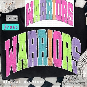 Warriors Mascot PNG, Retro Grunge Rainbow Varsity Letters Sublimation, Colorful School Spirit Wear Shirt Design, Team Pride Game Day PNG
