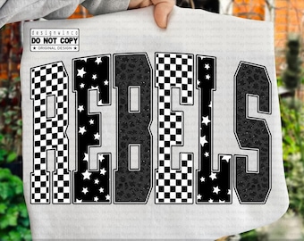 Rebels PNG, Retro Checkerboard Leopard Star Letters, School Spirit Game Day Shirt Design, Varsity Mascot Sublimation PNG, Team Pride PNG