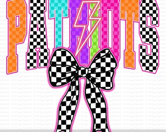 Patriots PNG, Checkered Letters and Bow PNG, Neon Lightning Bolt Mascot, School Spirit Game Day Shirt Design for Team Pride,Digital Download