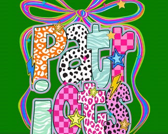May include: A digital download graphic featuring the words "PARTY GUTS" in a variety of patterns and colours, such as orange leopard print, black and white spots, and pink checkered patterns. The design includes stars and a colourful bow on a green background.