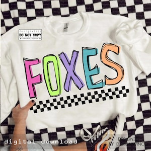 Retro Foxes Mascot PNG, Hand Drawn Colorful Checkered PNG, School Spirit Game Day Shirt Design, Cheer Sublimation Digital Download