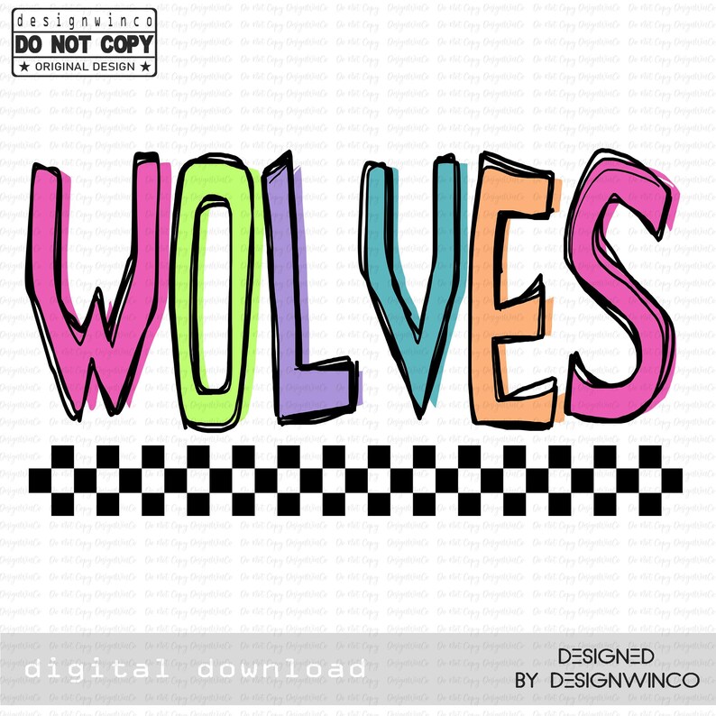 Wolves Display Lettering Retro Wolves Mascot PNG, Hand Drawn Colorful Checkered PNG, School ...