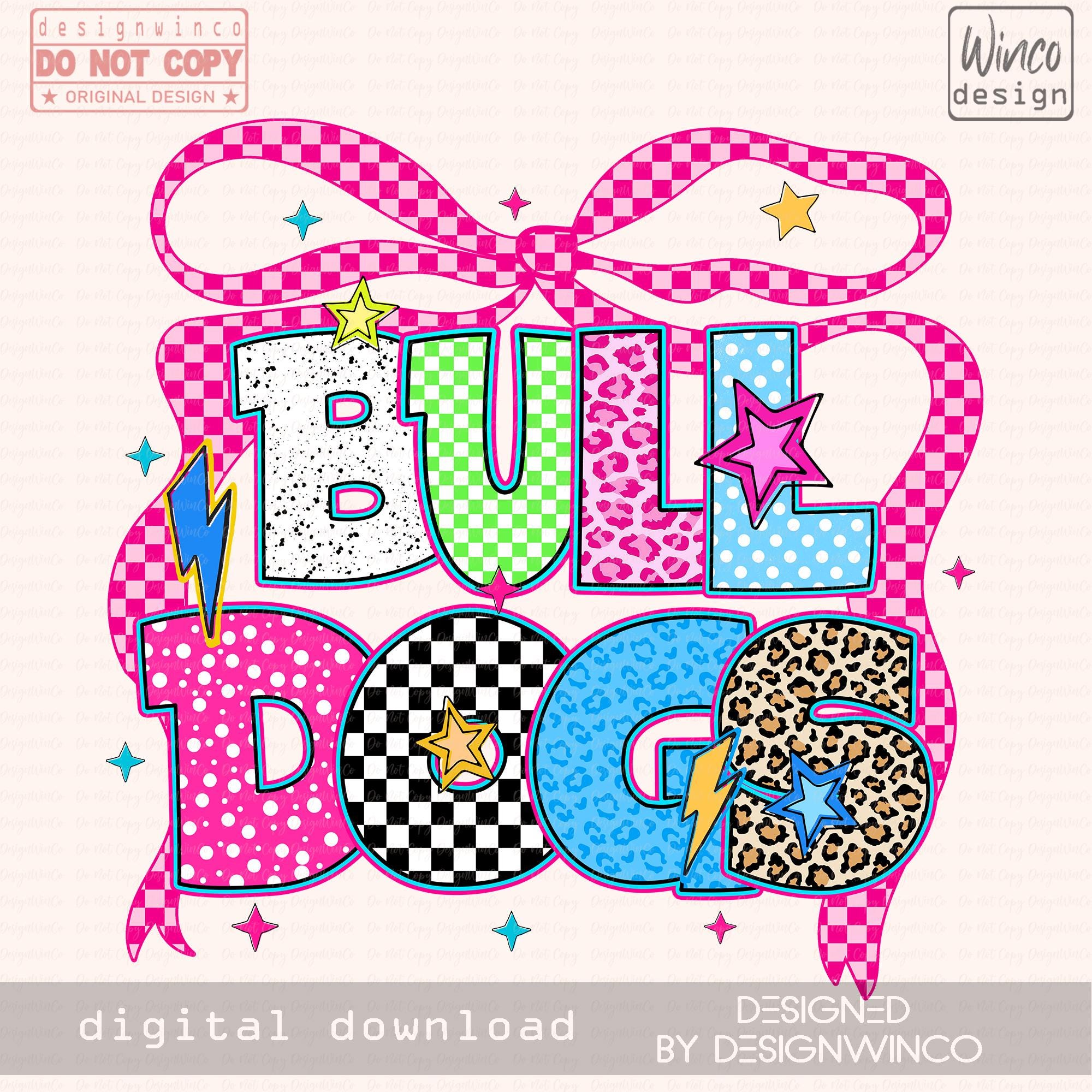 Bulldogs PNG Digital Download Mascot Clipart Girly Spirit Wear Retro School Design Cheer Bow Game Day Shirt PNG Cute Sublimation Graphic